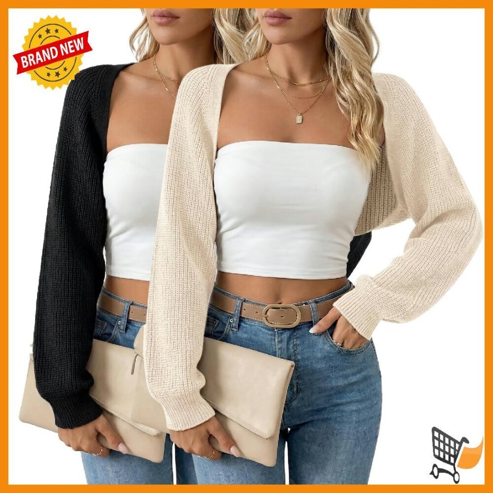 Cropped Knit Cardigan Shrug Long Sleeve Open Front Loose Fit